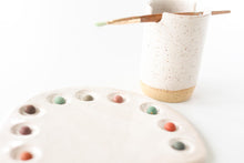 Load image into Gallery viewer, miss painterly mixing rainbow palette set: handmade ceramic painting palette and brush cup